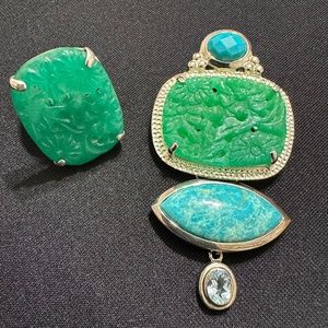 Amy Kahn Russell Carved Jade Turquoise Brooch/Pendant w/ Topaz & Ring